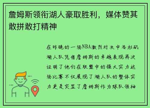 詹姆斯领衔湖人豪取胜利，媒体赞其敢拼敢打精神